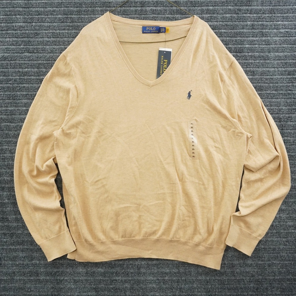 Polo Ralph Lauren V-Neck Sweater Mens XL Tan Brown Embroidered Pony NWT